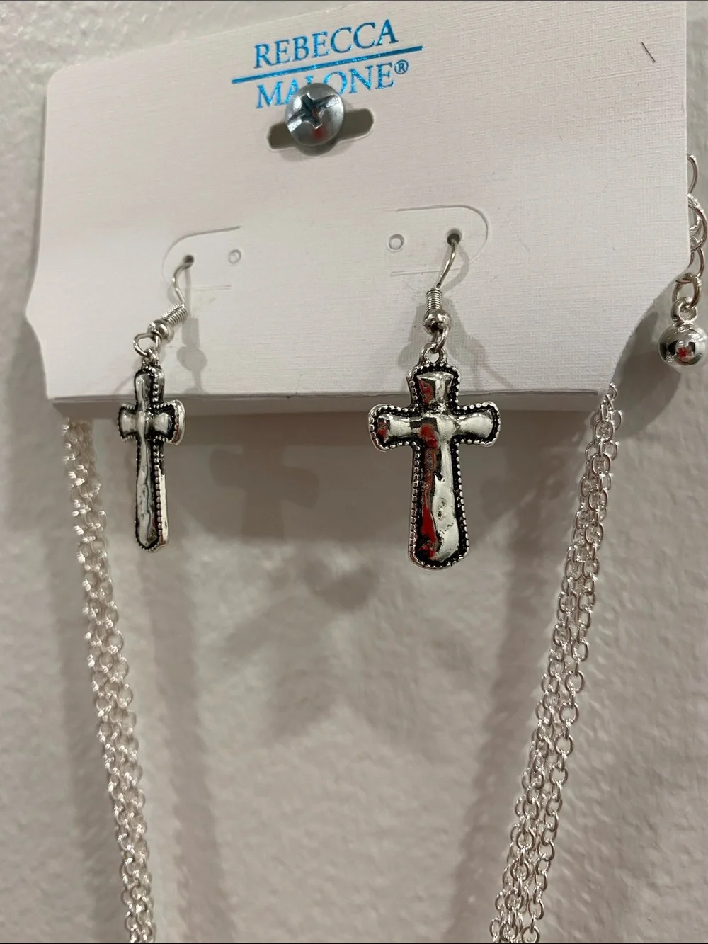 NEW Rebecca Malone Silver-Tone Cross Necklace with Matching Earrings